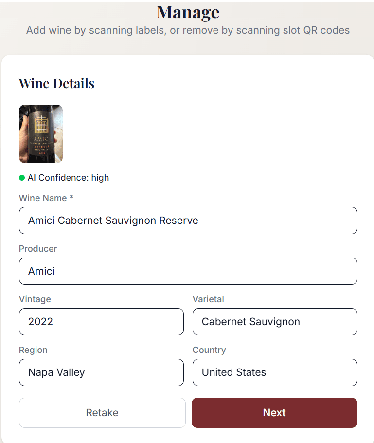 AI label scan filling in bottle metadata from a photo