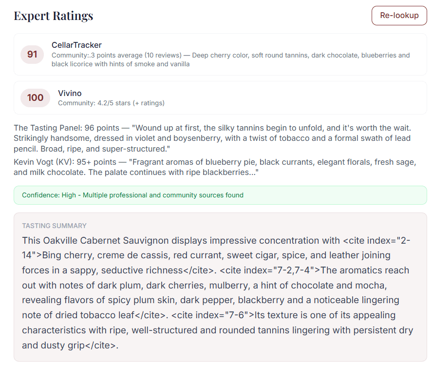Bottle detail page showing expert ratings alongside personal score