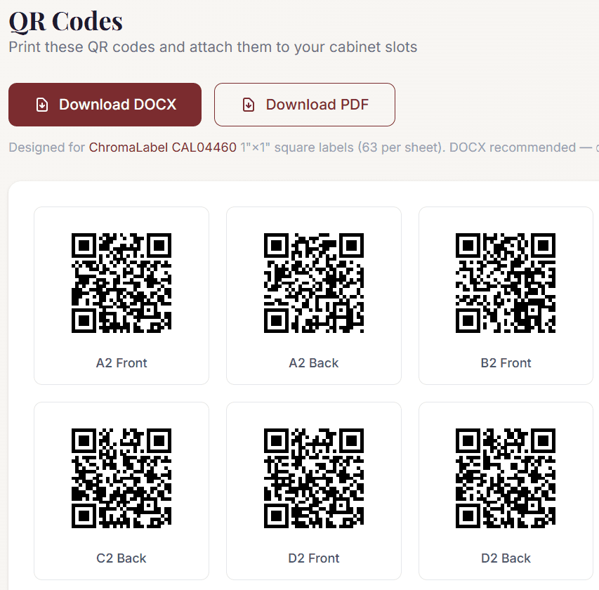 Cabinet visualizer showing 3D-rendered bottles in QR-coded slots
