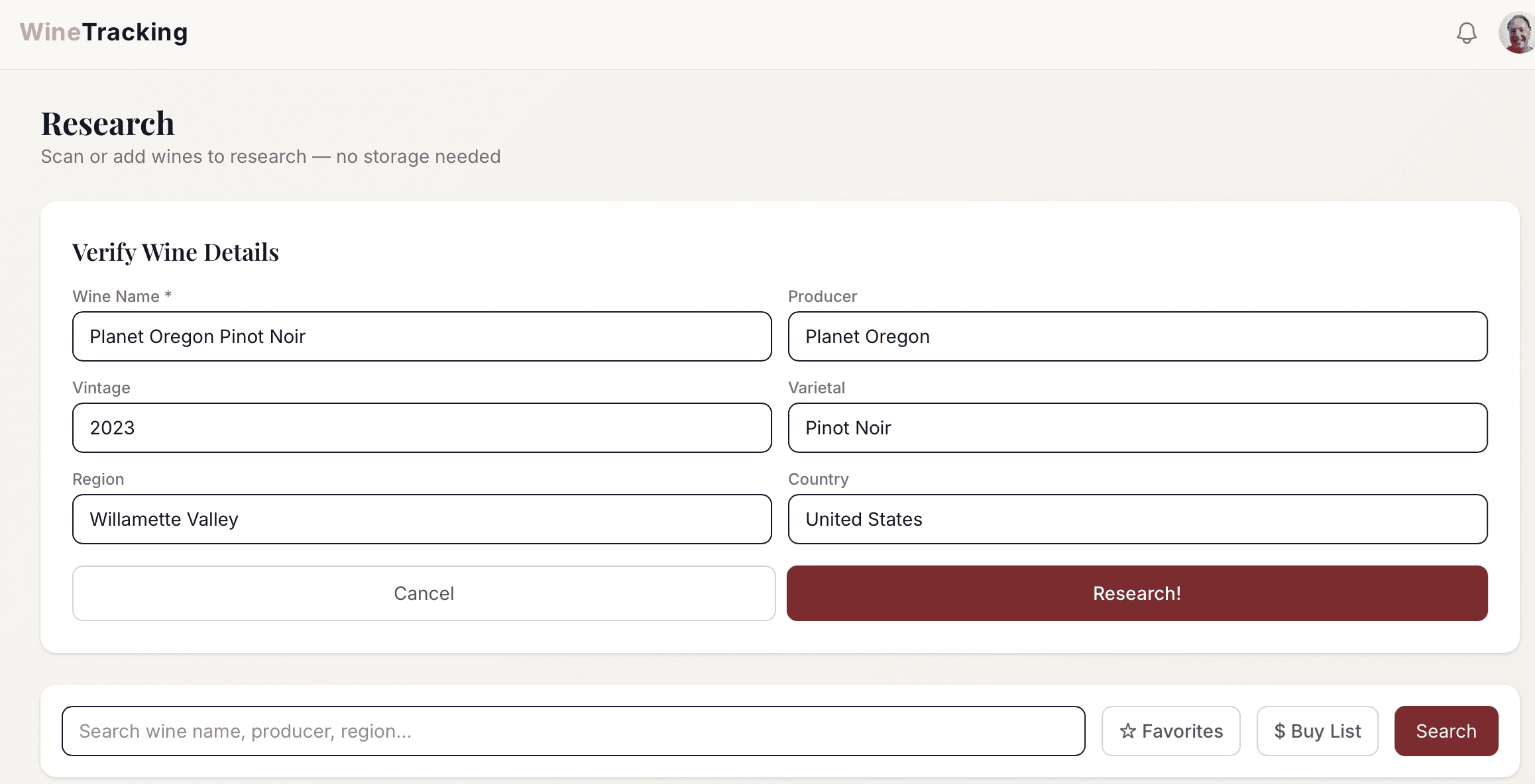 AI scanning a wine label and displaying producer, vintage, ratings, and food pairings